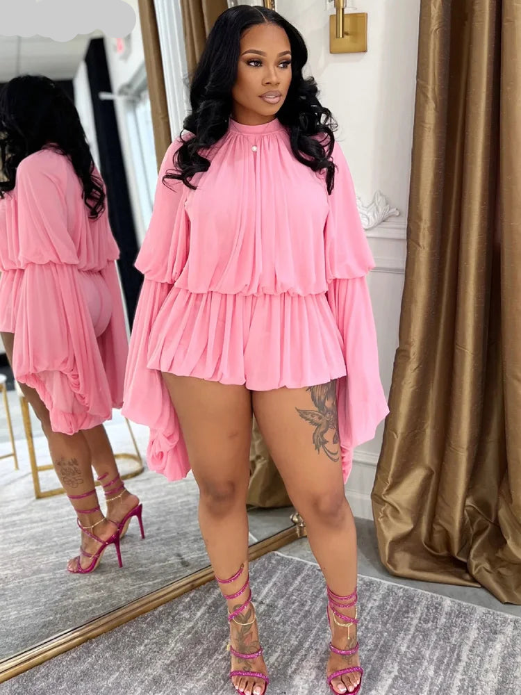Ruffle Mesh Romper – Tiered Batwing Sleeve Short Jumpsuit for Parties & Brunch