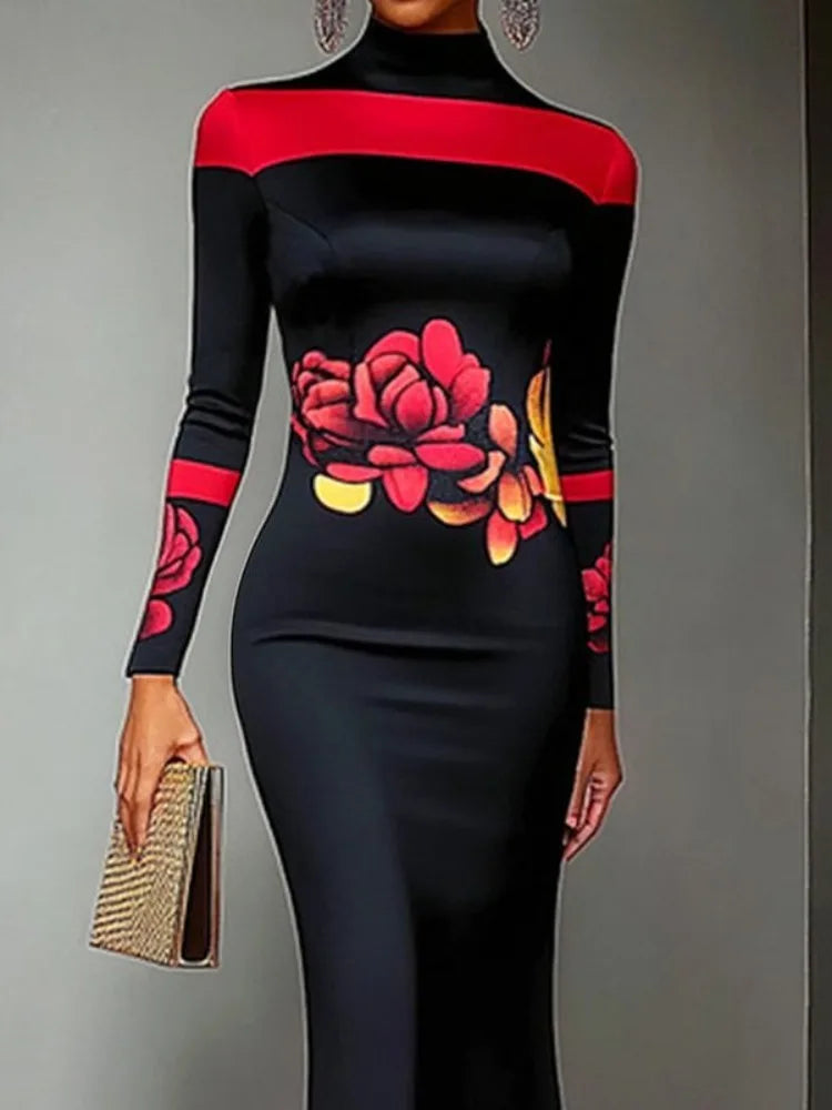 Black and Red Floral Print Evening Bodycon Dress