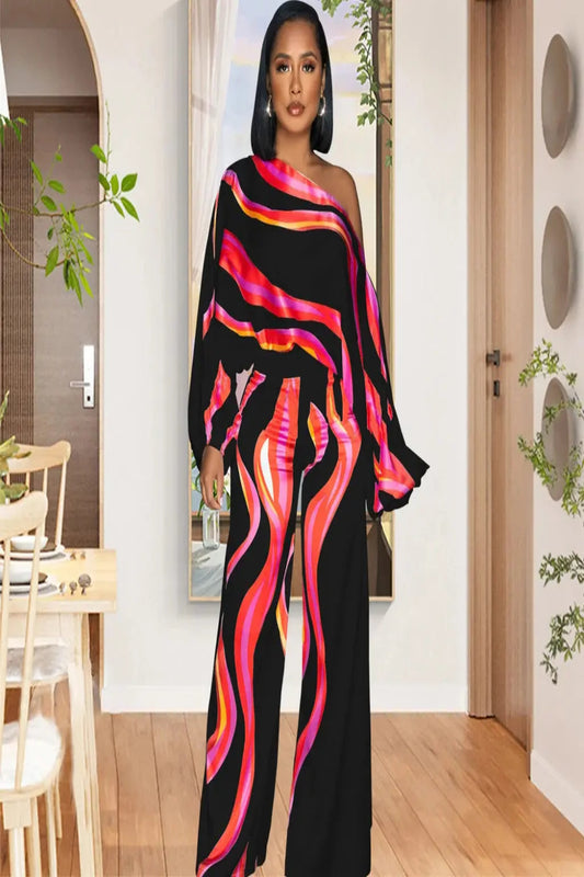 Abstract Printed Single Shoulder Diagonal Collar Long Sleeved Wide Leg Jumpsuit Toshe Womens Fashion