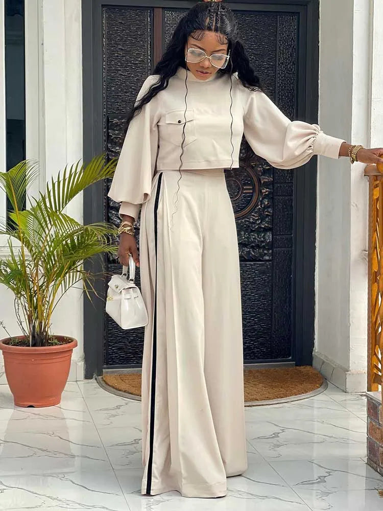 Beige Crop Top & High-Waist Wide-Leg Pants Set – Two-Piece Tailored Suit for Women