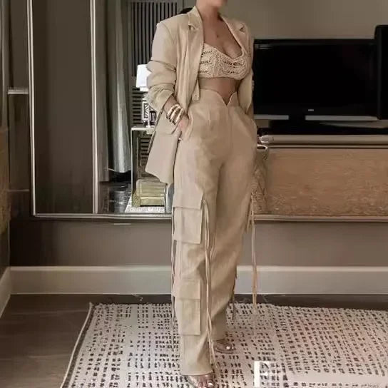 Oversized Long Sleeve Linen Blazer Suit and Wide Leg Cargo Pants Set