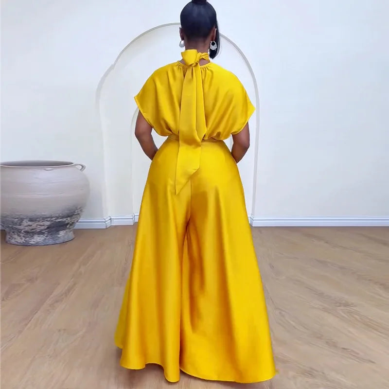 Satin Scarf Wrapped Collar Shirt & Wide Leg Pant Set