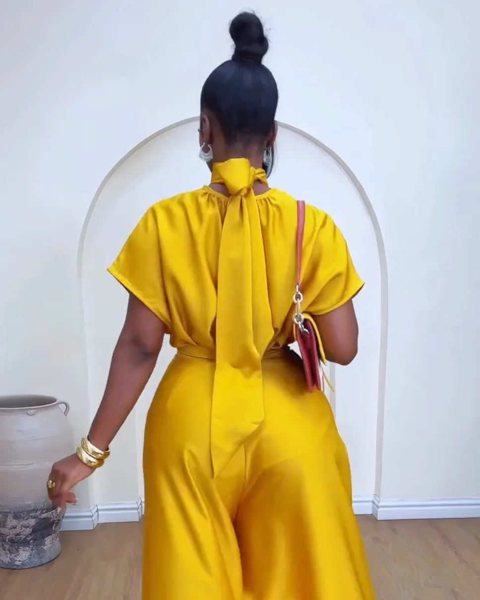 Satin Scarf Wrapped Collar Shirt & Wide Leg Pant Set