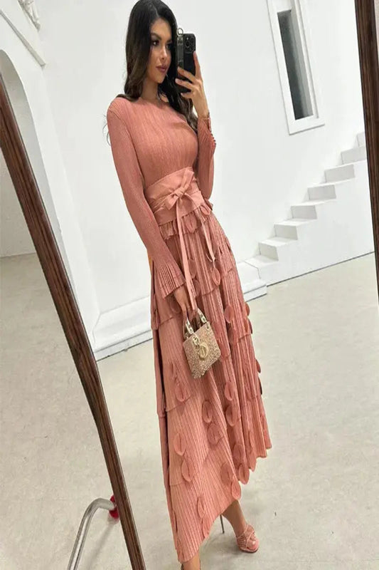 Pleated Socialite Shell Flower Lace-up Pleated Long Dresses Toshe Womens Fashions