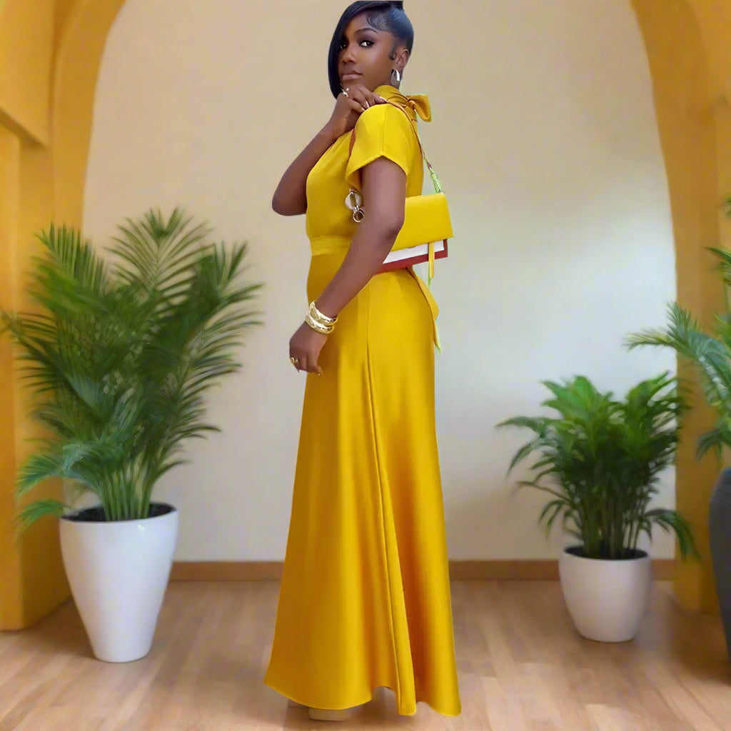 Satin Scarf Wrapped Collar Shirt & Wide Leg Pant Set