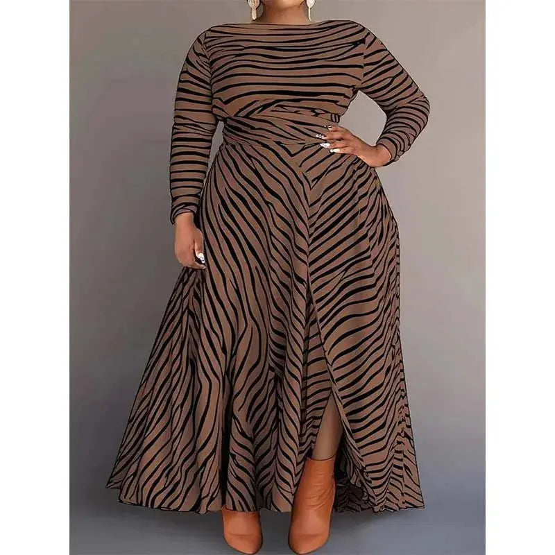 Plus Size Women's Long Dresses Pleated A-Line Business Casual Water Ripples Round Neck Long Sleeve Split Maxi Dress Toshe Womens Fashions