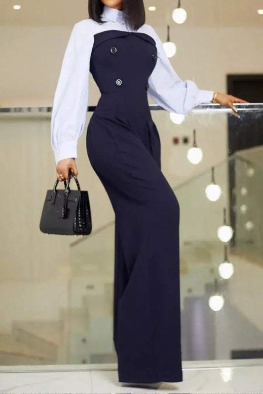 Work Suit with Lapel Collar Long Sleeves Split-join High Waist Overalls Wide Leg Floor Length Jumpsuits Toshe Womens Fashions