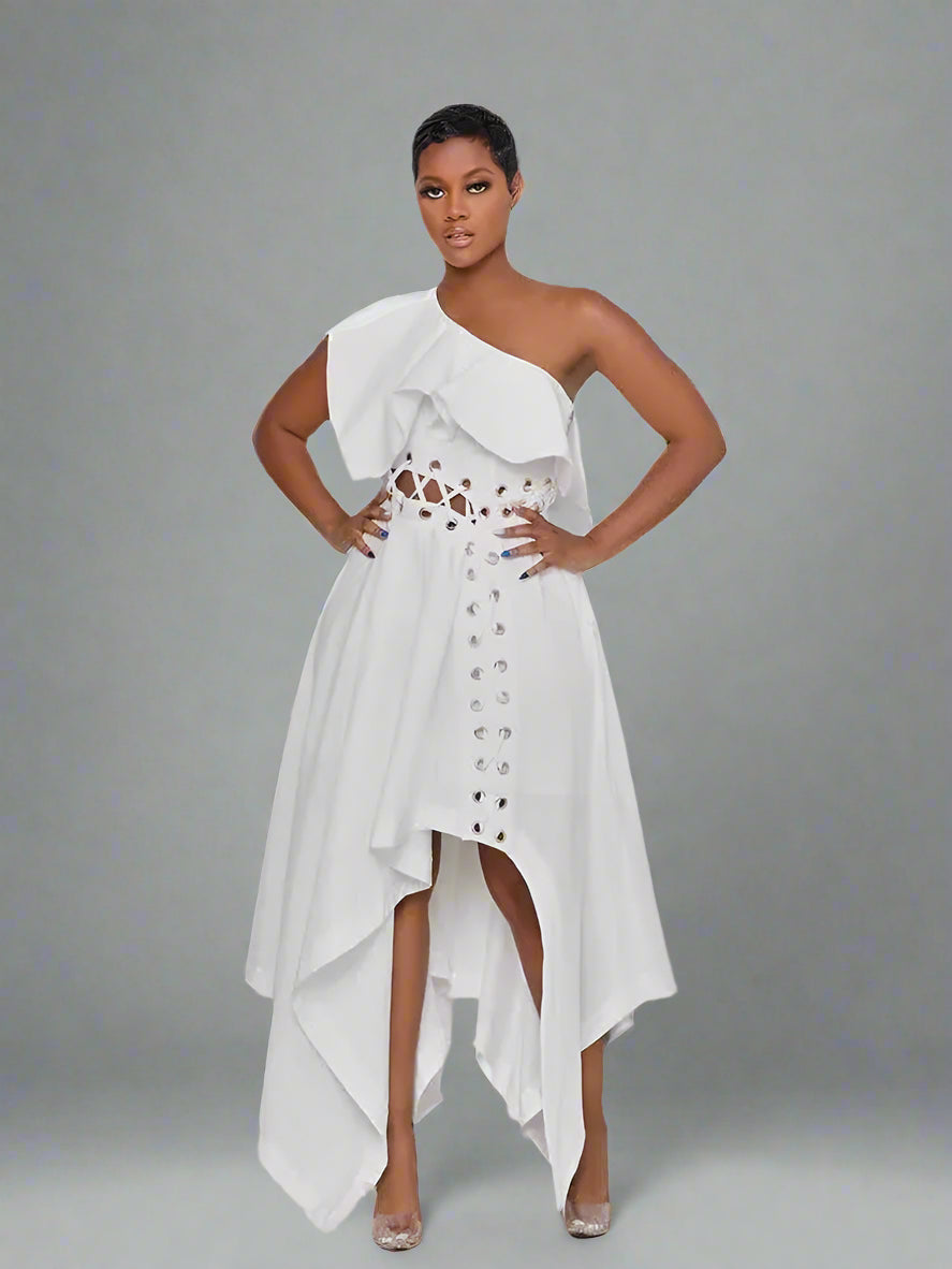 Summer One Piece Dress White Party Solid Waist Dress Toshe Womens Fashions