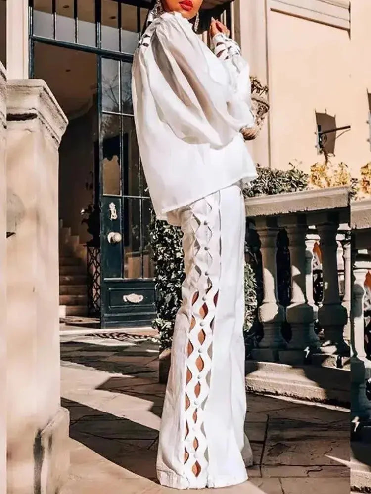 Hollow Out White Pants Wide Leg Jumpsuit Toshe Women's Fashions