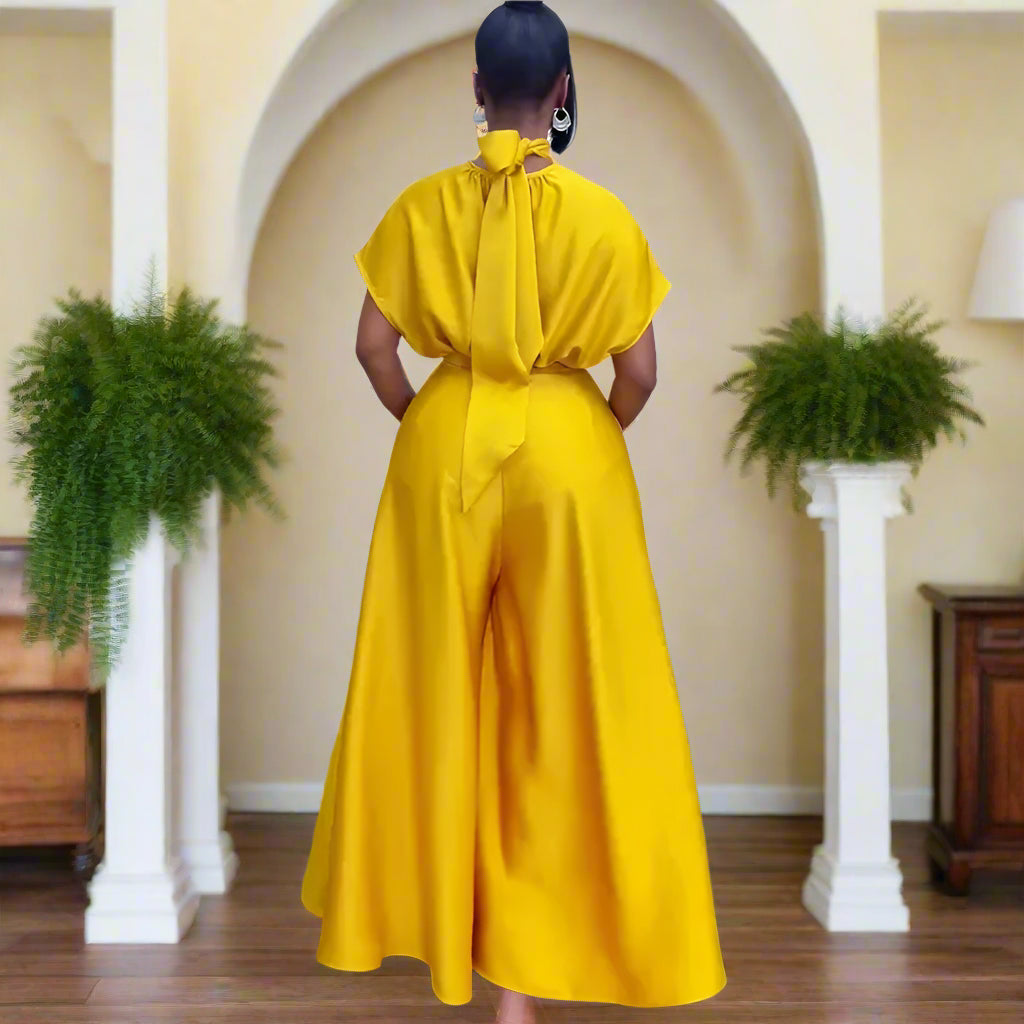 Satin Scarf Wrapped Collar Shirt & Wide Leg Pant Set