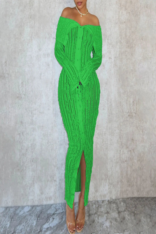 Elegant Off-Shoulder Maxi Dress – Long Sleeve Button-Down Holiday Outfit