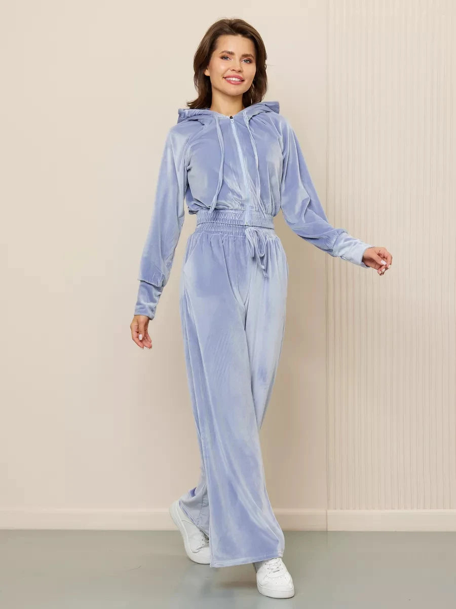 Velvet Hooded Zipper Jacket & Wide-Leg Pants Set – Luxe Two-Piece Loungewear Outfit