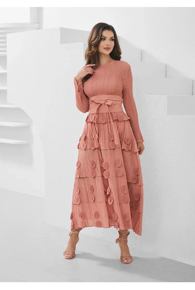 Pleated Socialite Shell Flower Lace-up Pleated Long Dresses Toshe Womens Fashions