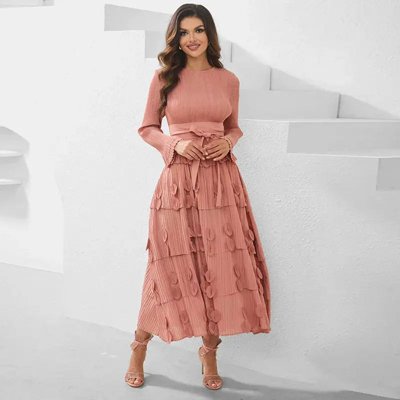 Pleated Socialite Shell Flower Lace-up Pleated Long Dresses Toshe Womens Fashions