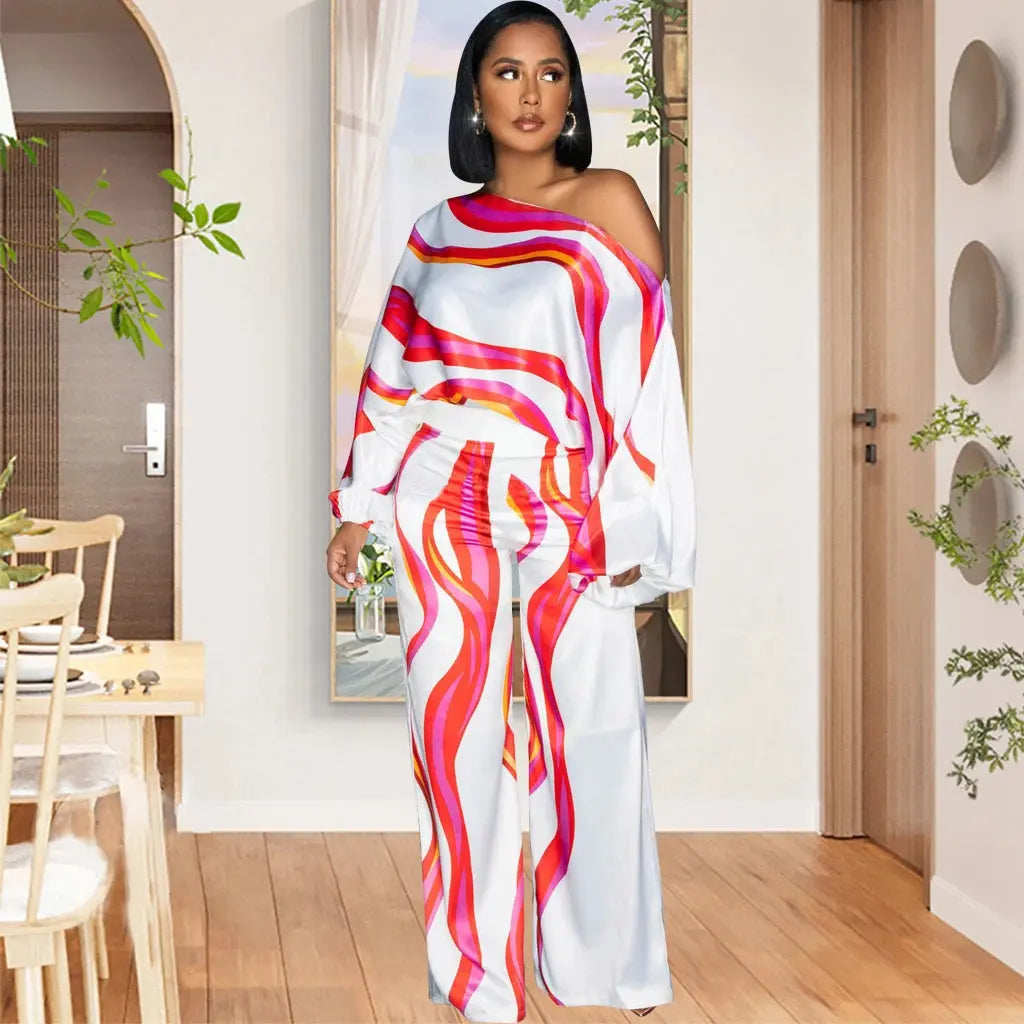 Abstract Printed Single Shoulder Diagonal Collar Long Sleeved Wide Leg Jumpsuit Toshe Womens Fashion