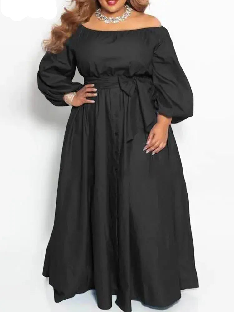 Plus Size  Dress Autumn Long Maxi Sundress Casual Solid Elegant Off Shoulder Toshe Womens Fashions