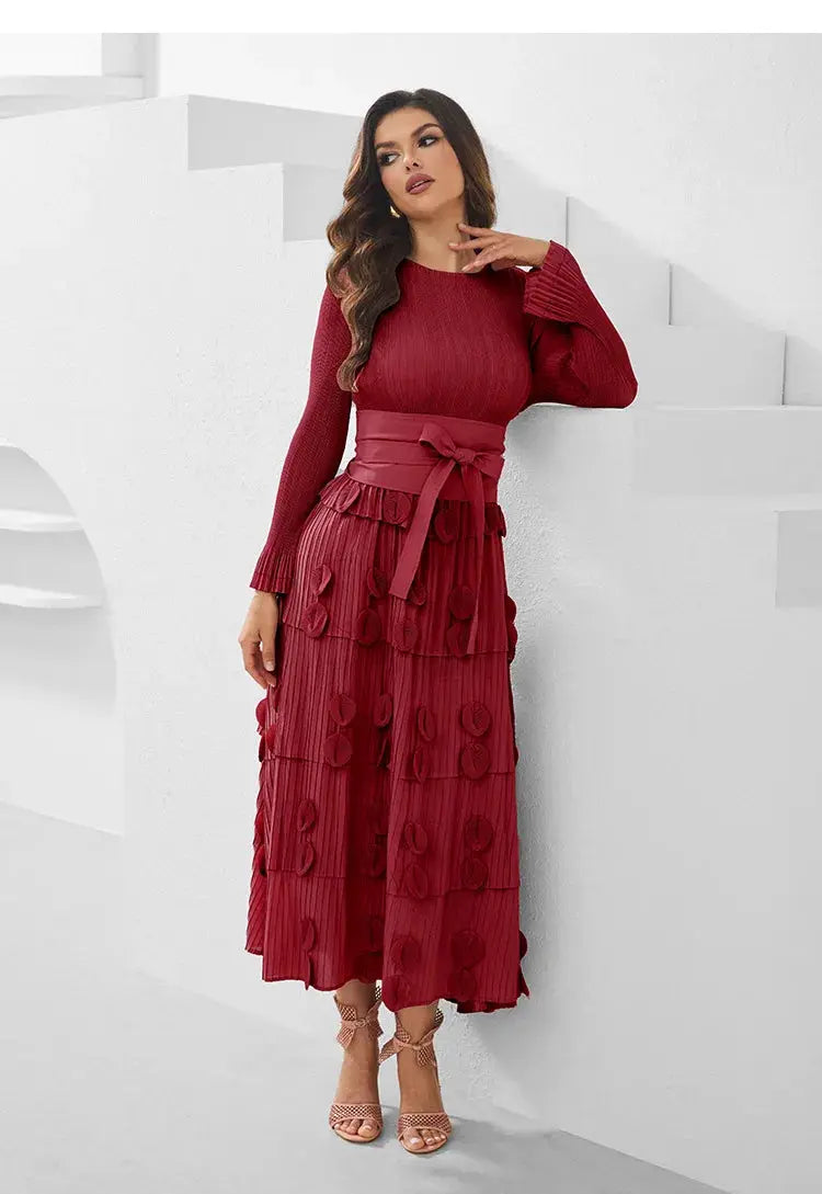 Pleated Socialite Shell Flower Lace-up Pleated Long Dresses Toshe Womens Fashions