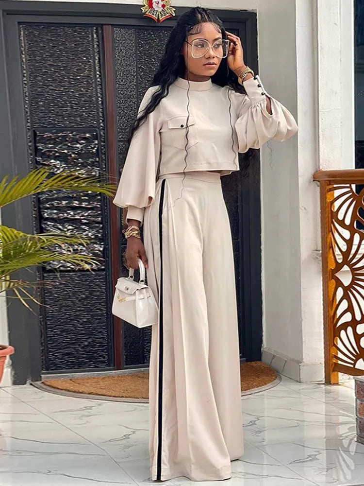 Beige Crop Top & High-Waist Wide-Leg Pants Set – Two-Piece Tailored Suit for Women