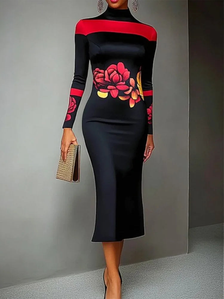 Black and Red Floral Print Evening Bodycon Dress