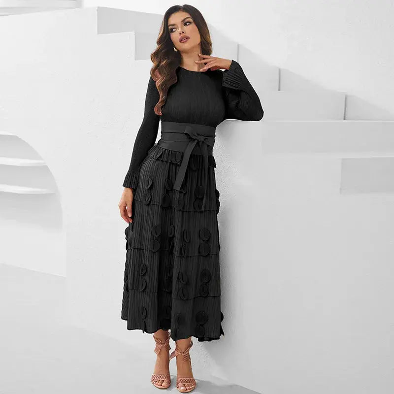 Pleated Socialite Shell Flower Lace-up Pleated Long Dresses Toshe Womens Fashions