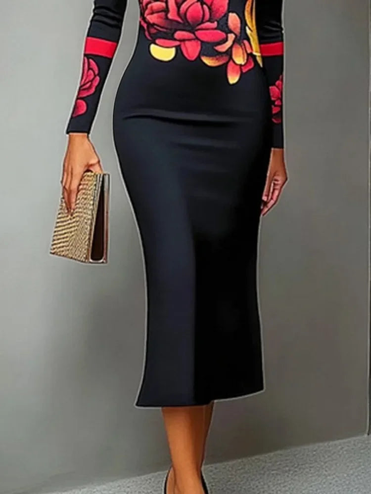 Black and Red Floral Print Evening Bodycon Dress