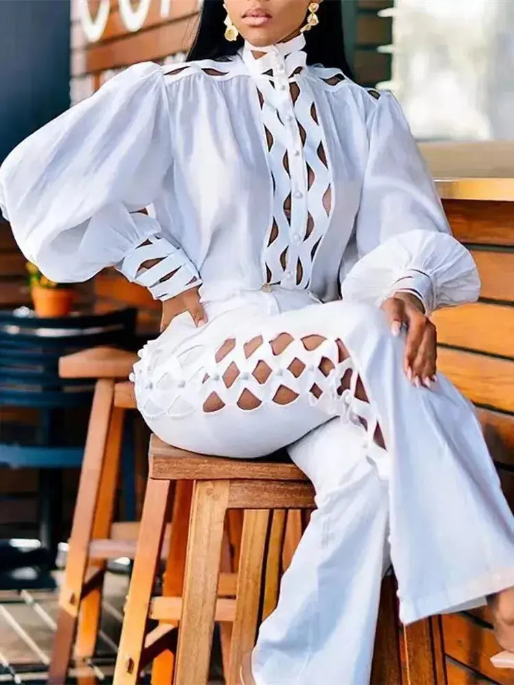 Hollow Out White Pants Wide Leg Jumpsuit Toshe Women's Fashions