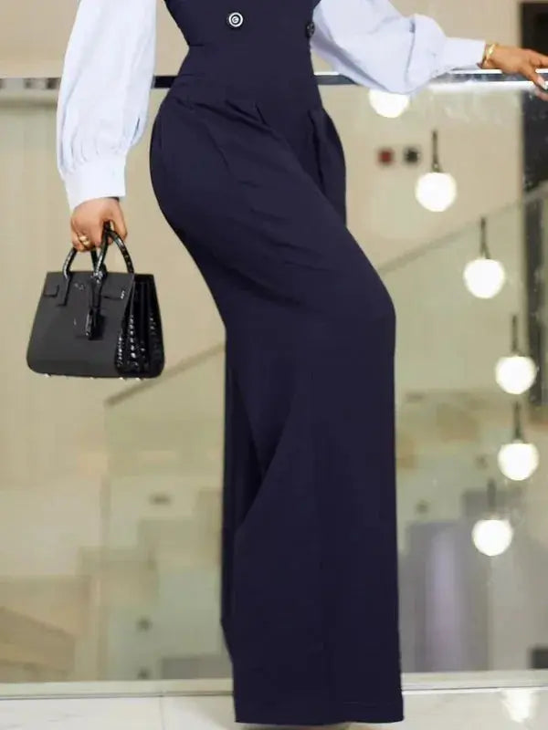Work Suit with Lapel Collar Long Sleeves Split-join High Waist Overalls Wide Leg Floor Length Jumpsuits Toshe Womens Fashions