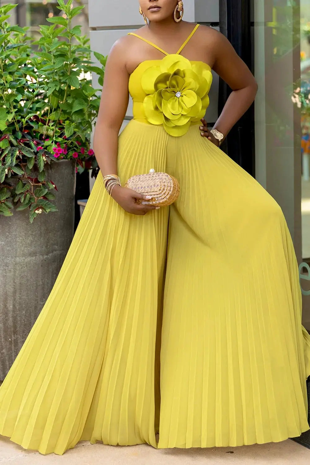 Rushed Wide Leg Jumpsuit Vacation Yellow Halter Collar 3D Pleated Chiffon Pleated Spaghetti Straps Elegant Jumpsuit 2 Toshe Womens Fashions