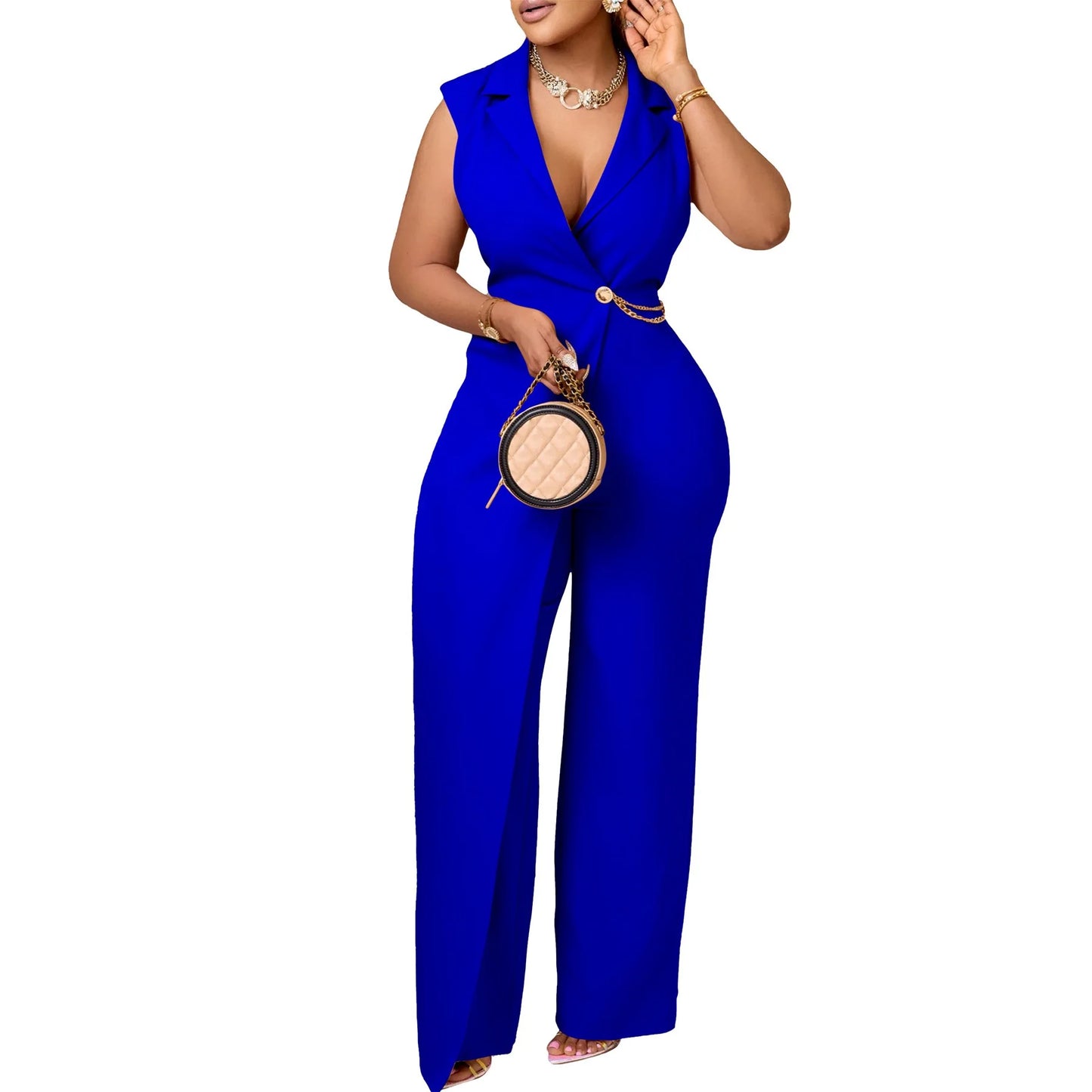 Elegant V-Neck Sleeveless Jumpsuit – High-Waist Chain with Collar Detail