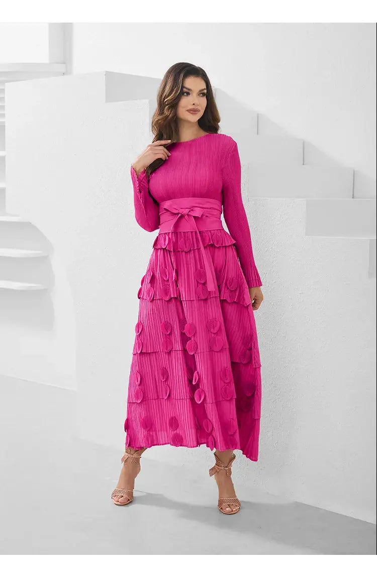 Pleated Socialite Shell Flower Lace-up Pleated Long Dresses Toshe Womens Fashions