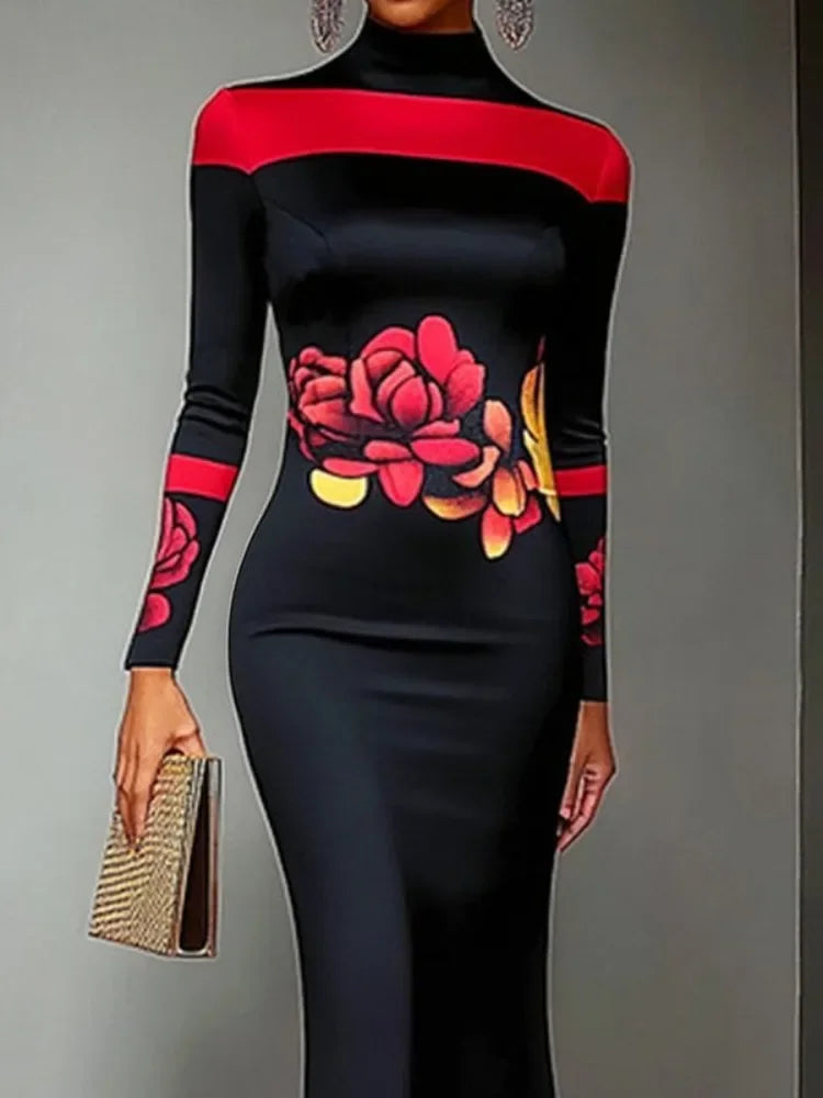 Black and Red Floral Print Evening Bodycon Dress