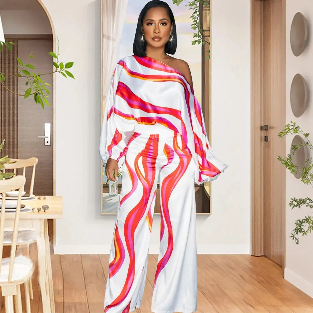 Abstract Printed Single Shoulder Diagonal Collar Long Sleeved Wide Leg Jumpsuit Toshe Womens Fashion
