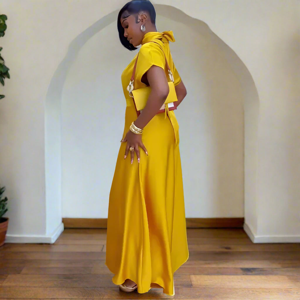 Satin Scarf Wrapped Collar Shirt & Wide Leg Pant Set