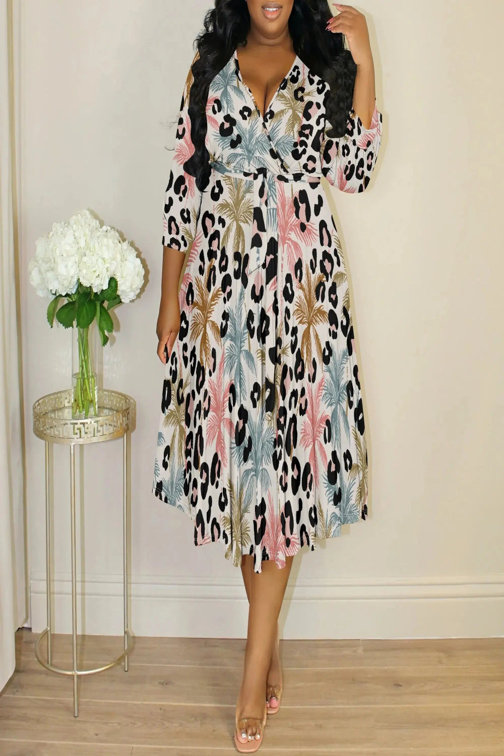 Leopard Palm Tree Print V-Neck Belted Dress Toshe Women's Fashions