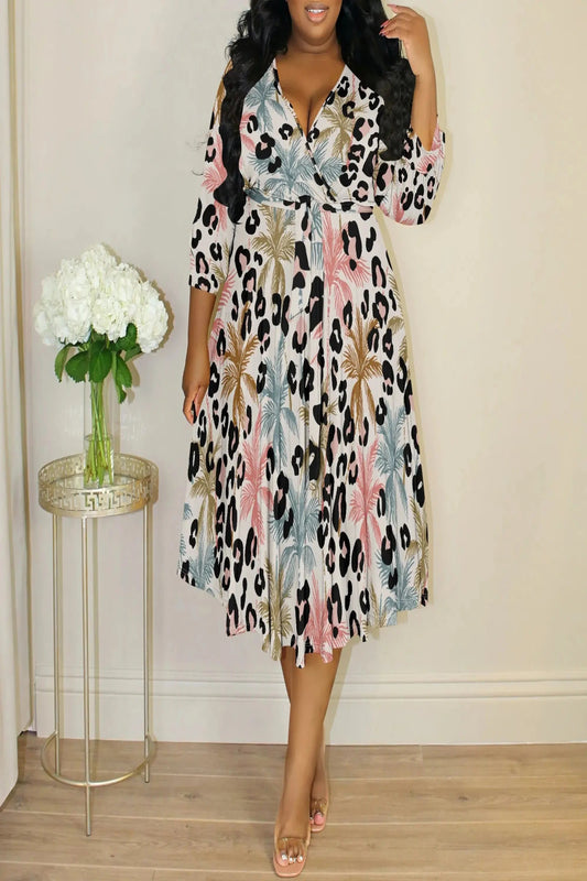 Leopard Palm Tree Print V-Neck Belted Dress Toshe Women's Fashions