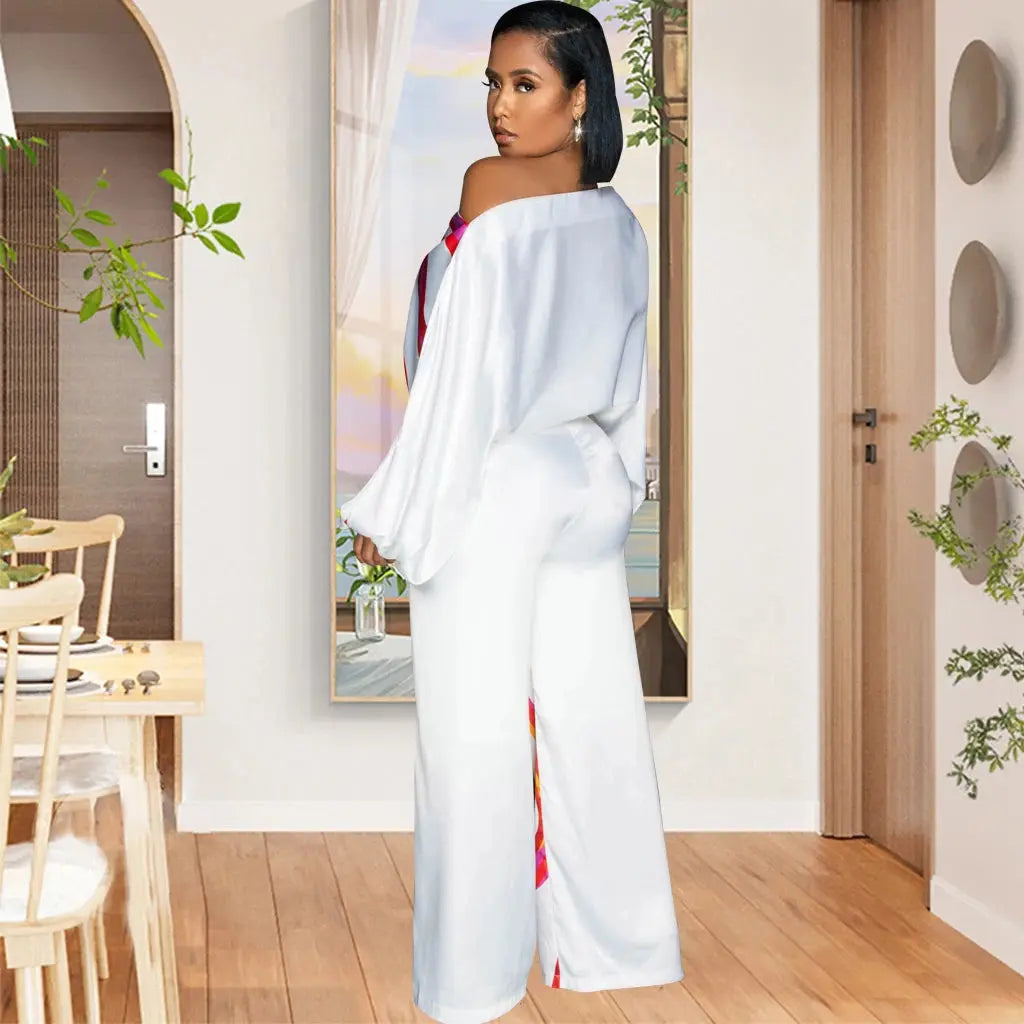 Abstract Printed Single Shoulder Diagonal Collar Long Sleeved Wide Leg Jumpsuit Toshe Womens Fashion