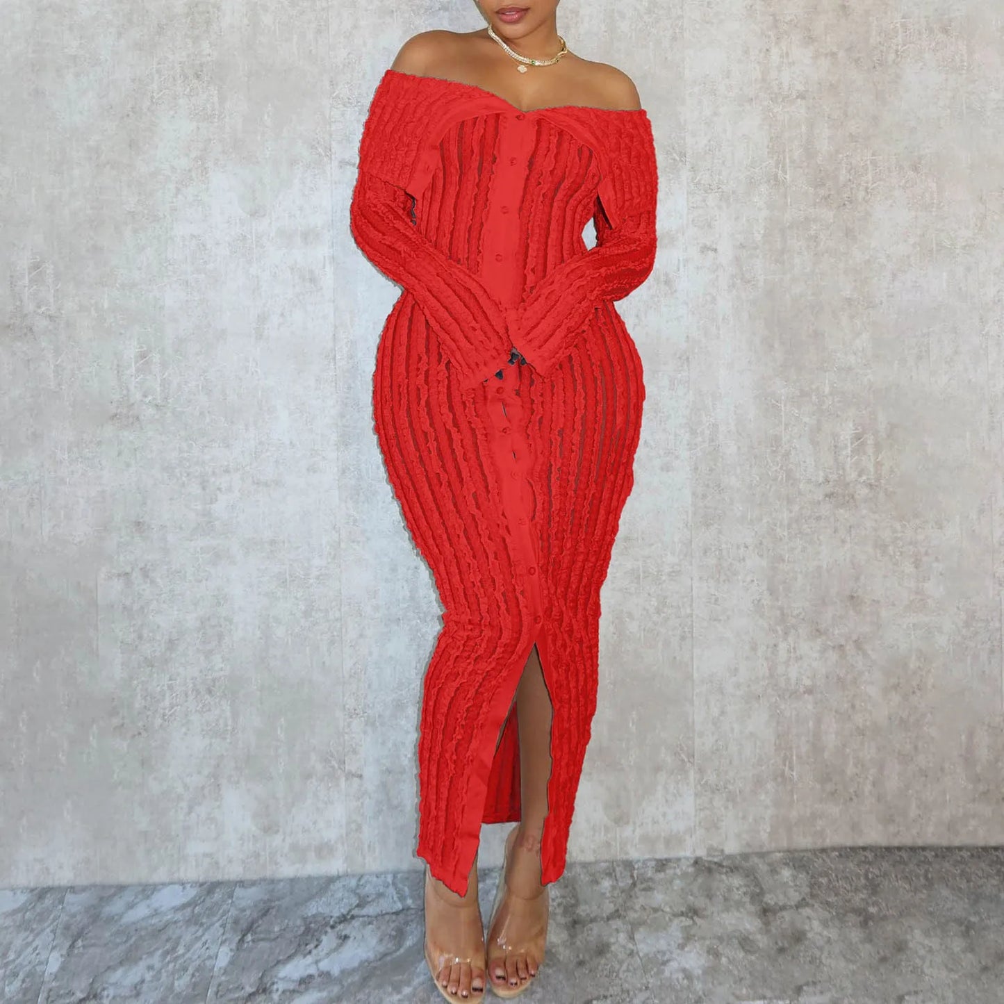 Elegant Off-Shoulder Maxi Dress – Long Sleeve Button-Down Holiday Outfit