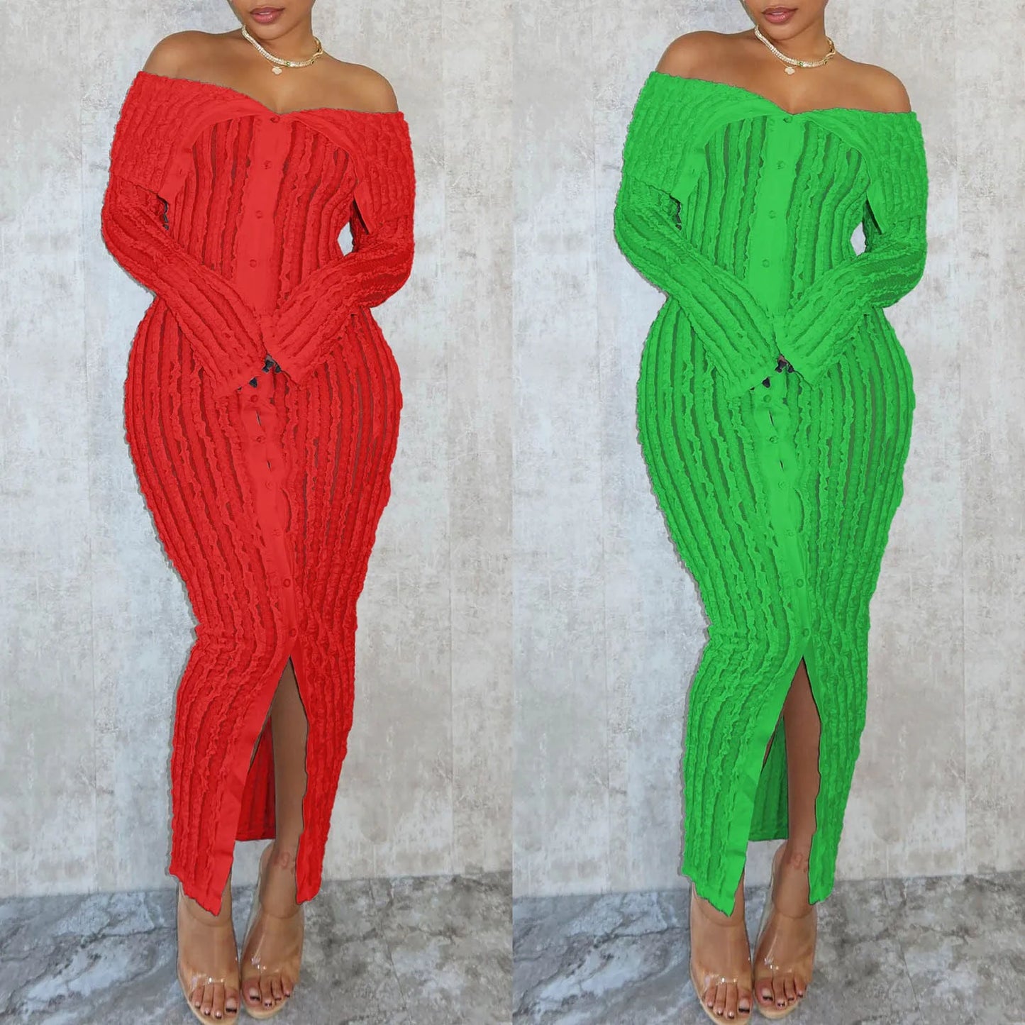 Elegant Off-Shoulder Maxi Dress – Long Sleeve Button-Down Holiday Outfit