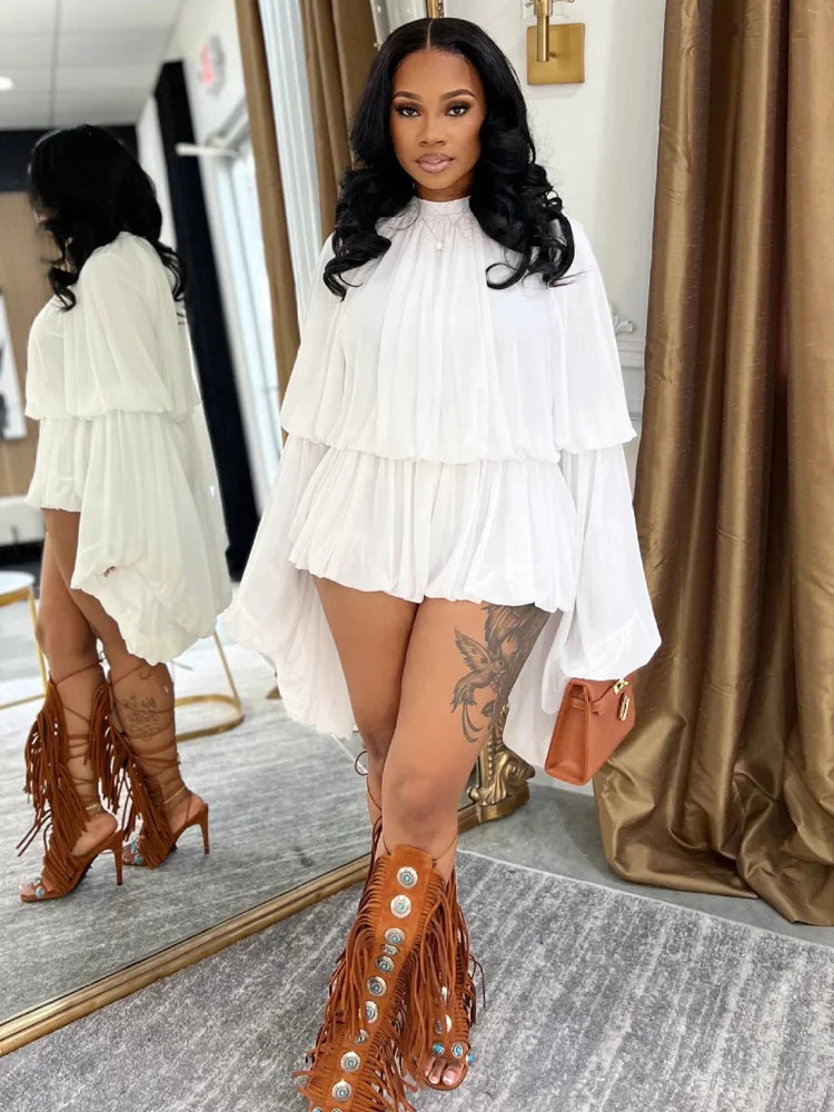 Ruffle Mesh Romper – Tiered Batwing Sleeve Short Jumpsuit for Parties & Brunch