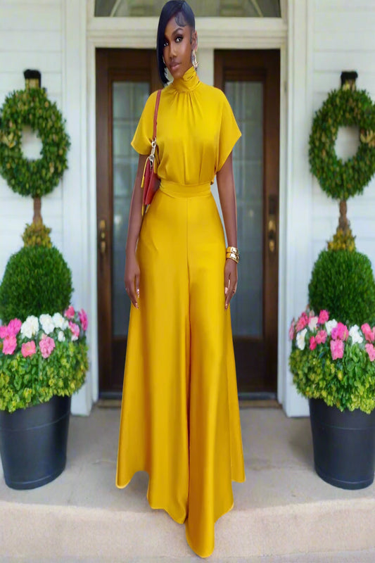 Satin Scarf Wrapped Collar Shirt & Wide Leg Pant Set