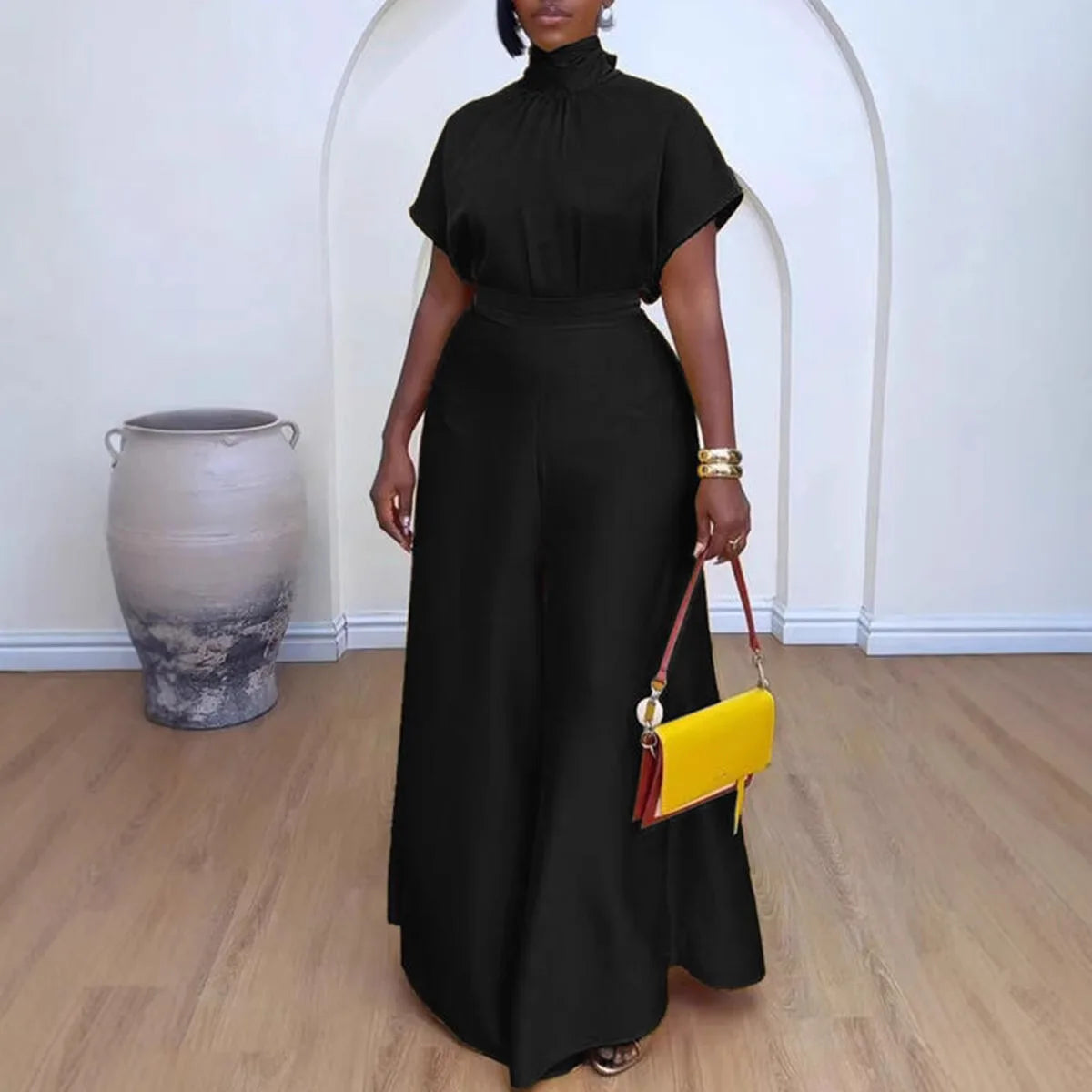 Satin Scarf Wrapped Collar Shirt & Wide Leg Pant Set