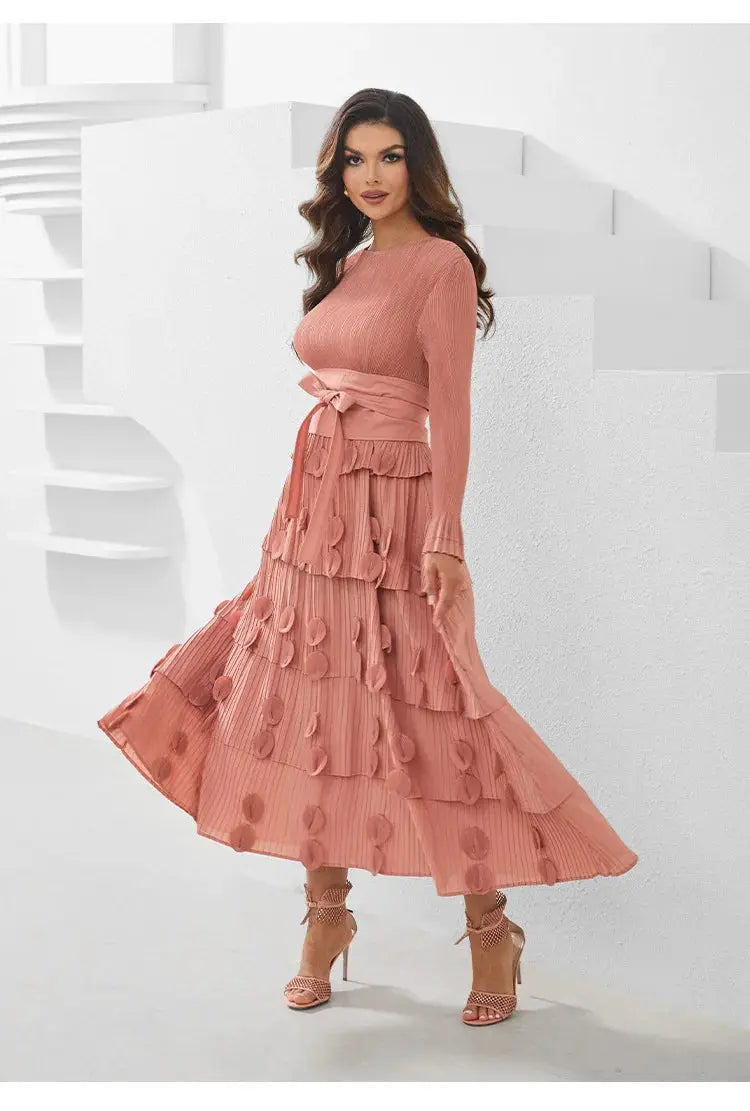 Pleated Socialite Shell Flower Lace-up Pleated Long Dresses Toshe Womens Fashions