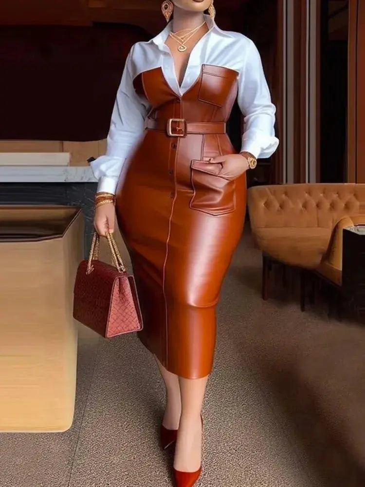 Shirt and PU Skirt, Long Sleeve Patchwork Pocket Skinny Belted Lapel  Midi Dress Toshe Womens Fashion