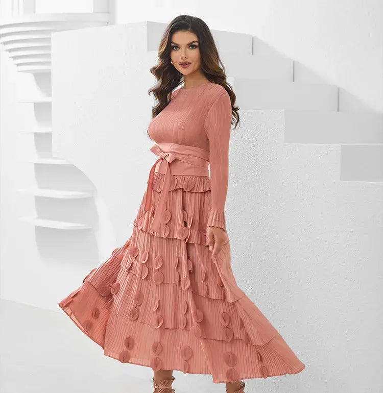 Pleated Socialite Shell Flower Lace-up Pleated Long Dresses Toshe Womens Fashions