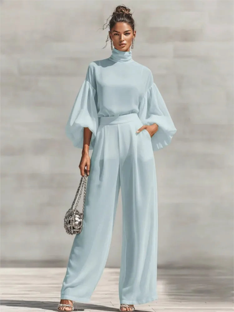 Chiffon High-Neck Lantern Sleeves & Wide Leg Pants Set