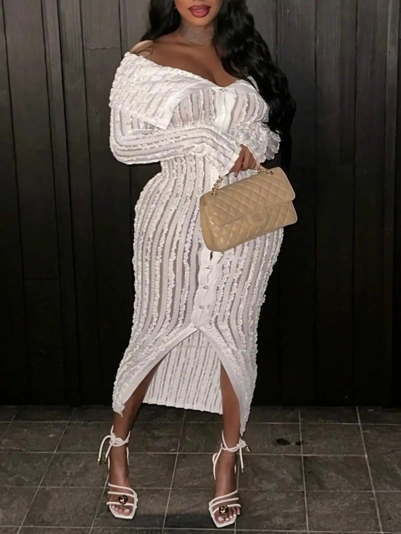 Women Elegant Off Shoulder Dress Long Sleeve Button Down High Split Bodycon Dress Prom Evening Party Toshe Women's Fashions