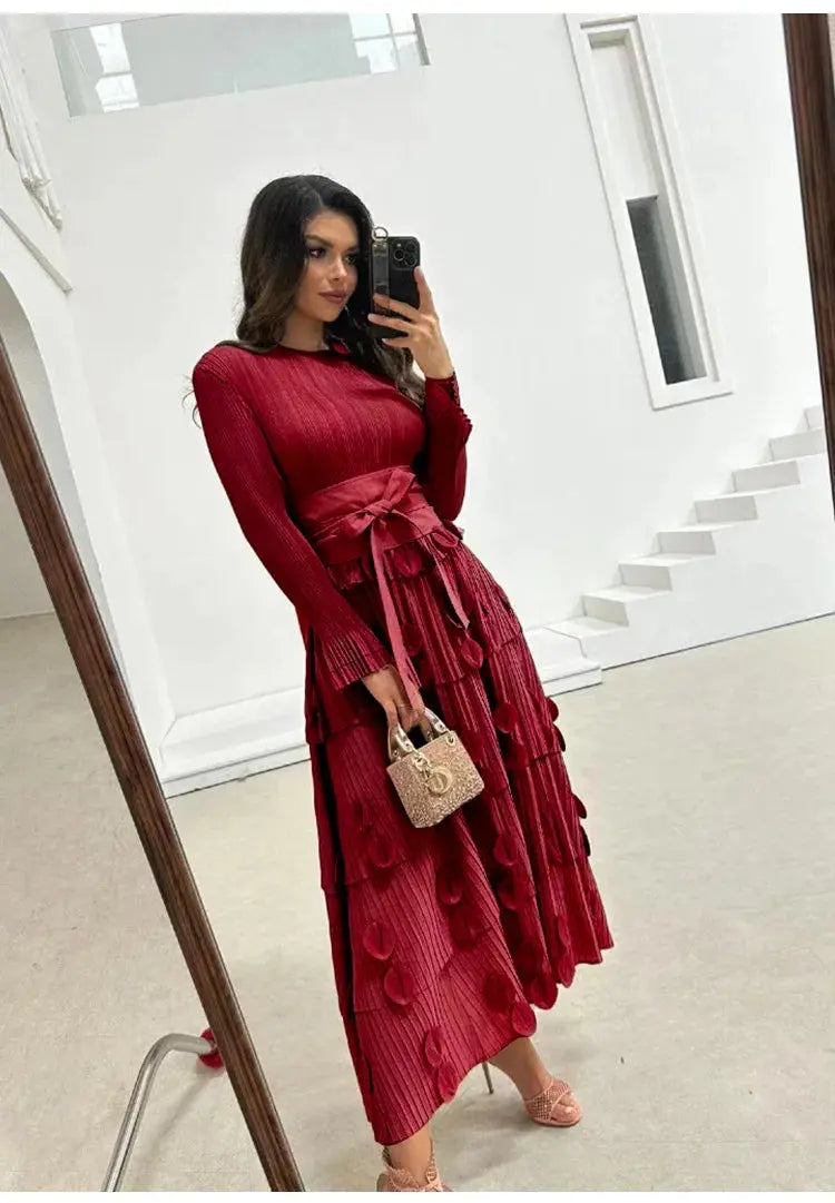 Pleated Socialite Shell Flower Lace-up Pleated Long Dresses Toshe Womens Fashions