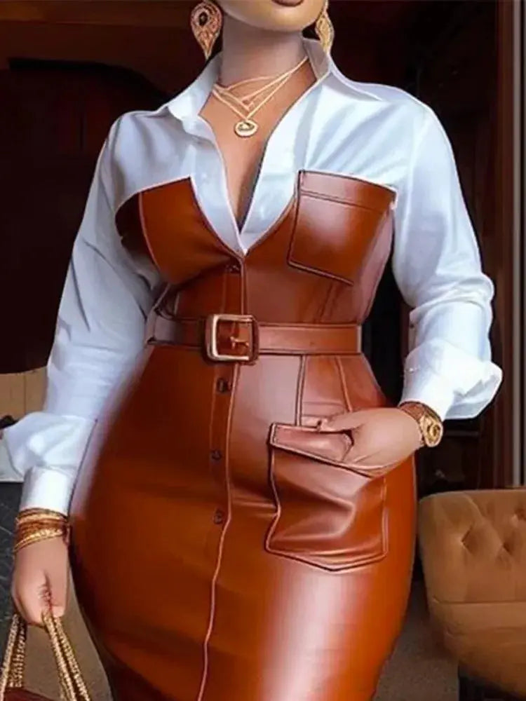 Shirt and PU Skirt, Long Sleeve Patchwork Pocket Skinny Belted Lapel  Midi Dress Toshe Womens Fashion