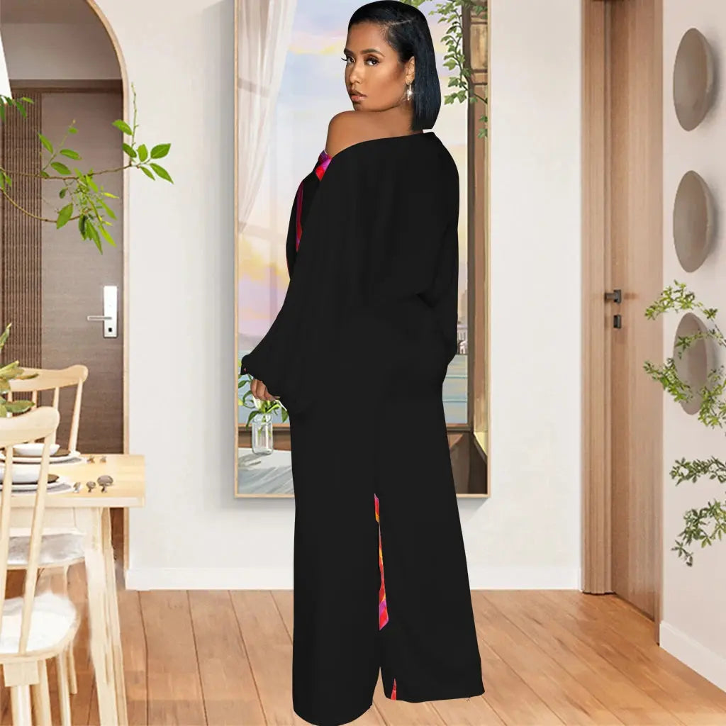 Abstract Printed Single Shoulder Diagonal Collar Long Sleeved Wide Leg Jumpsuit Toshe Womens Fashion