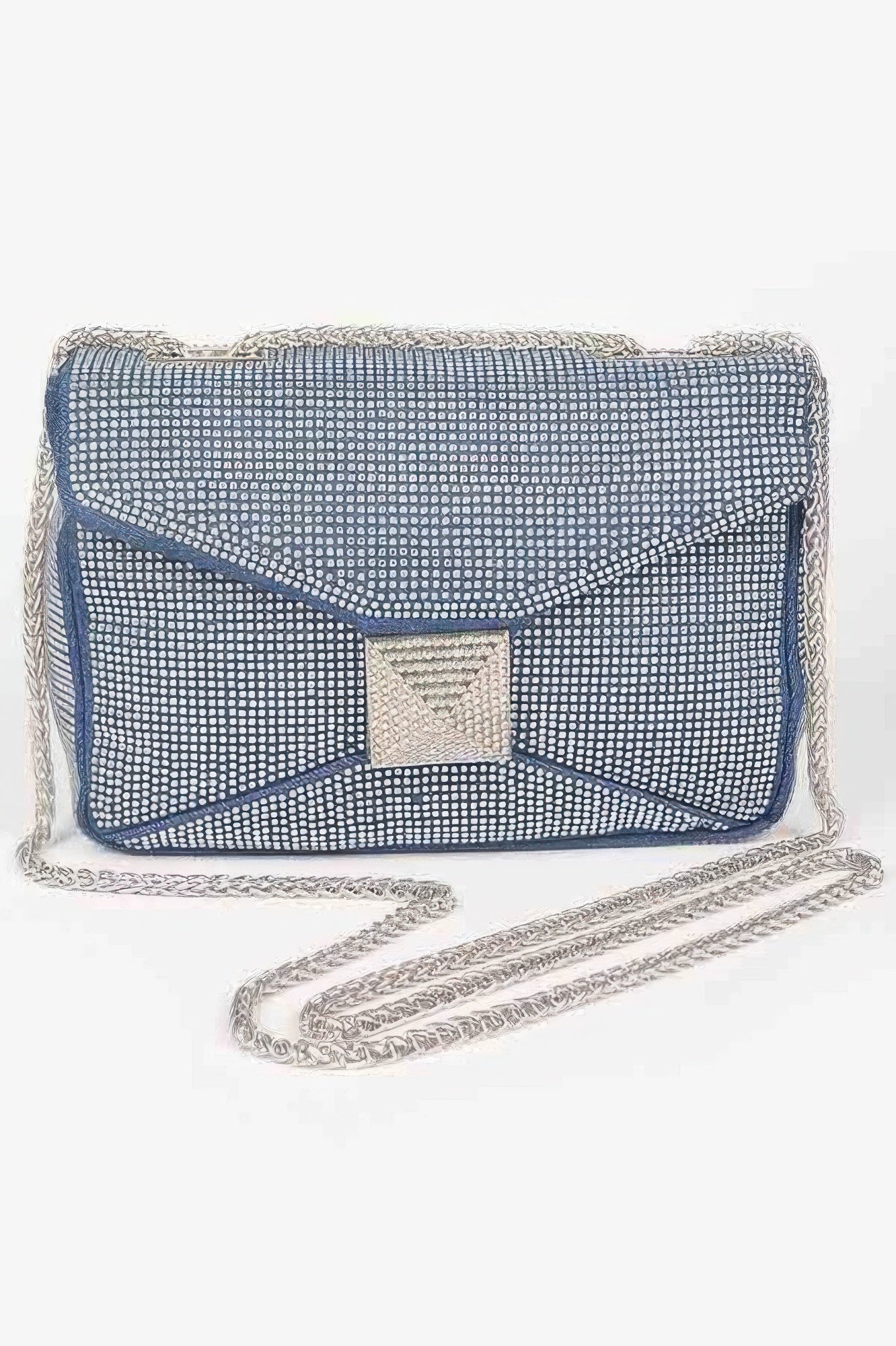 Rhinestone denim clutch bag by Toshe Women's Fashions featuring sparkling rhinestones and a compact design.